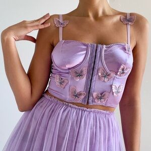 Lilac Purple Butterfly Embellished Silky Satin Crop Bustier Corset | Size M
